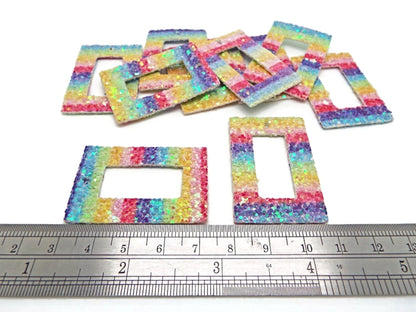 20 FAUX LEATHER Pendants with Rainbow Sequin Glitter, 43x28x2mm Rectangle with Centre Cut-Out