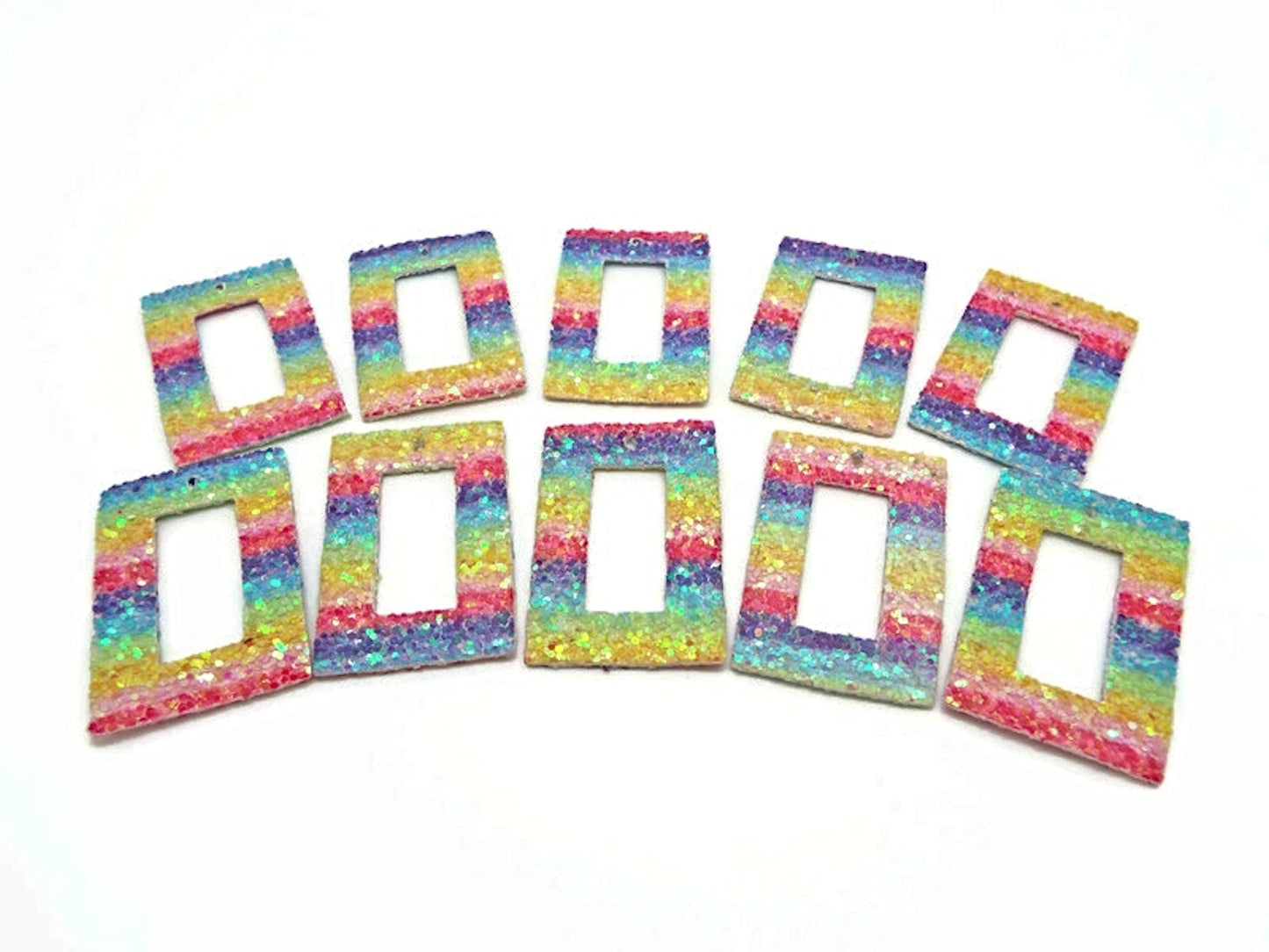 20 FAUX LEATHER Pendants with Rainbow Sequin Glitter, 43x28x2mm Rectangle with Centre Cut-Out