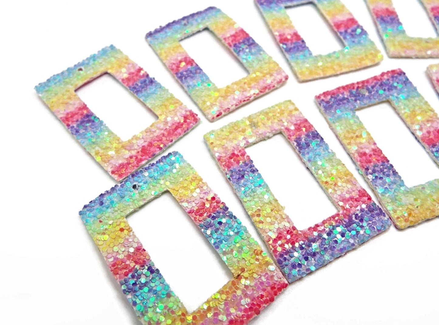 20 FAUX LEATHER Pendants with Rainbow Sequin Glitter, 43x28x2mm Rectangle with Centre Cut-Out