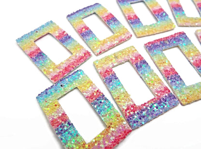 20 FAUX LEATHER Pendants with Rainbow Sequin Glitter, 43x28x2mm Rectangle with Centre Cut-Out