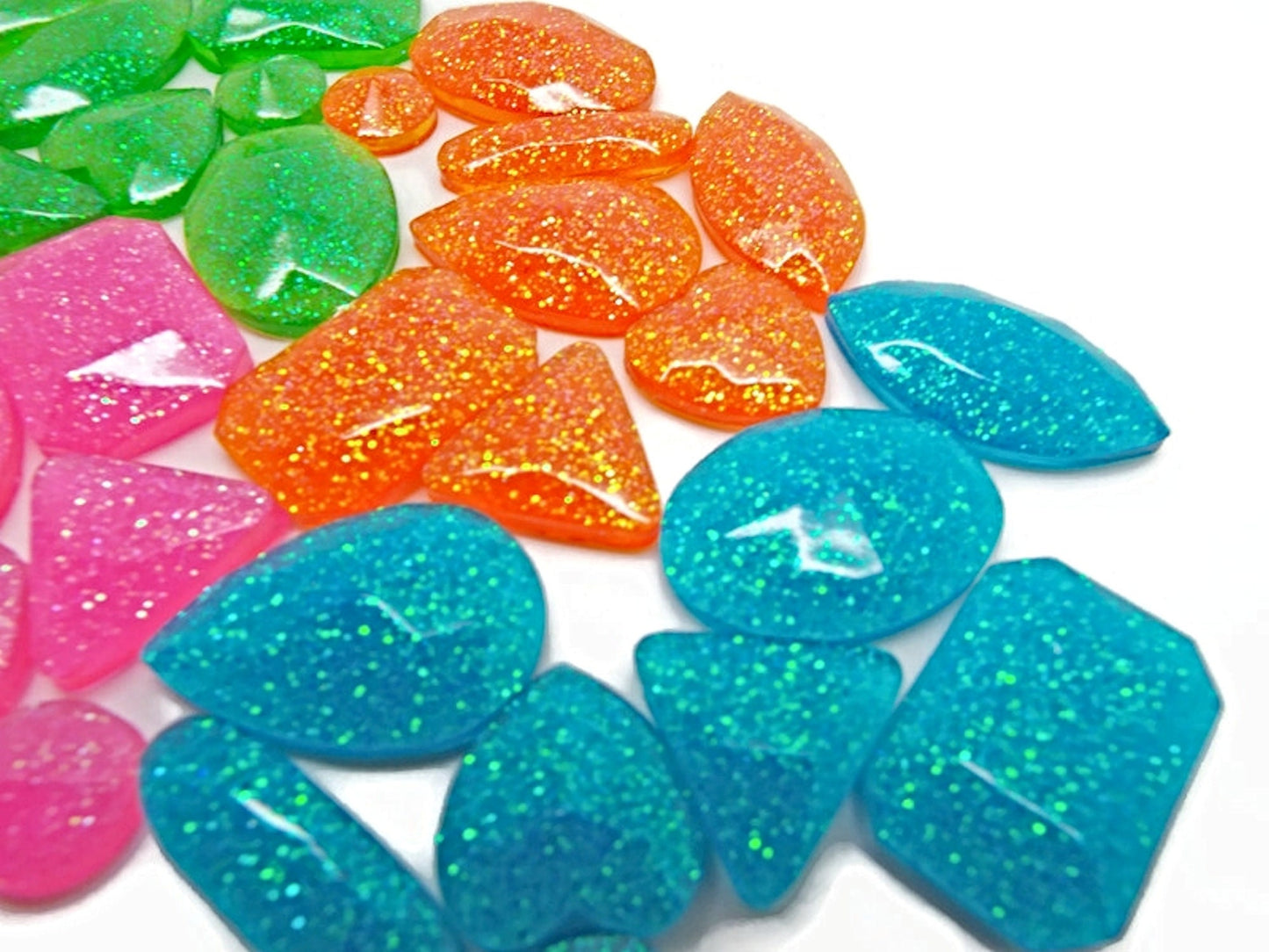 32 Neon Gem Cabochons in 4 Colours, Handmade Embellishments with Resin and Glitter, Pink, Green, Blue and Orange