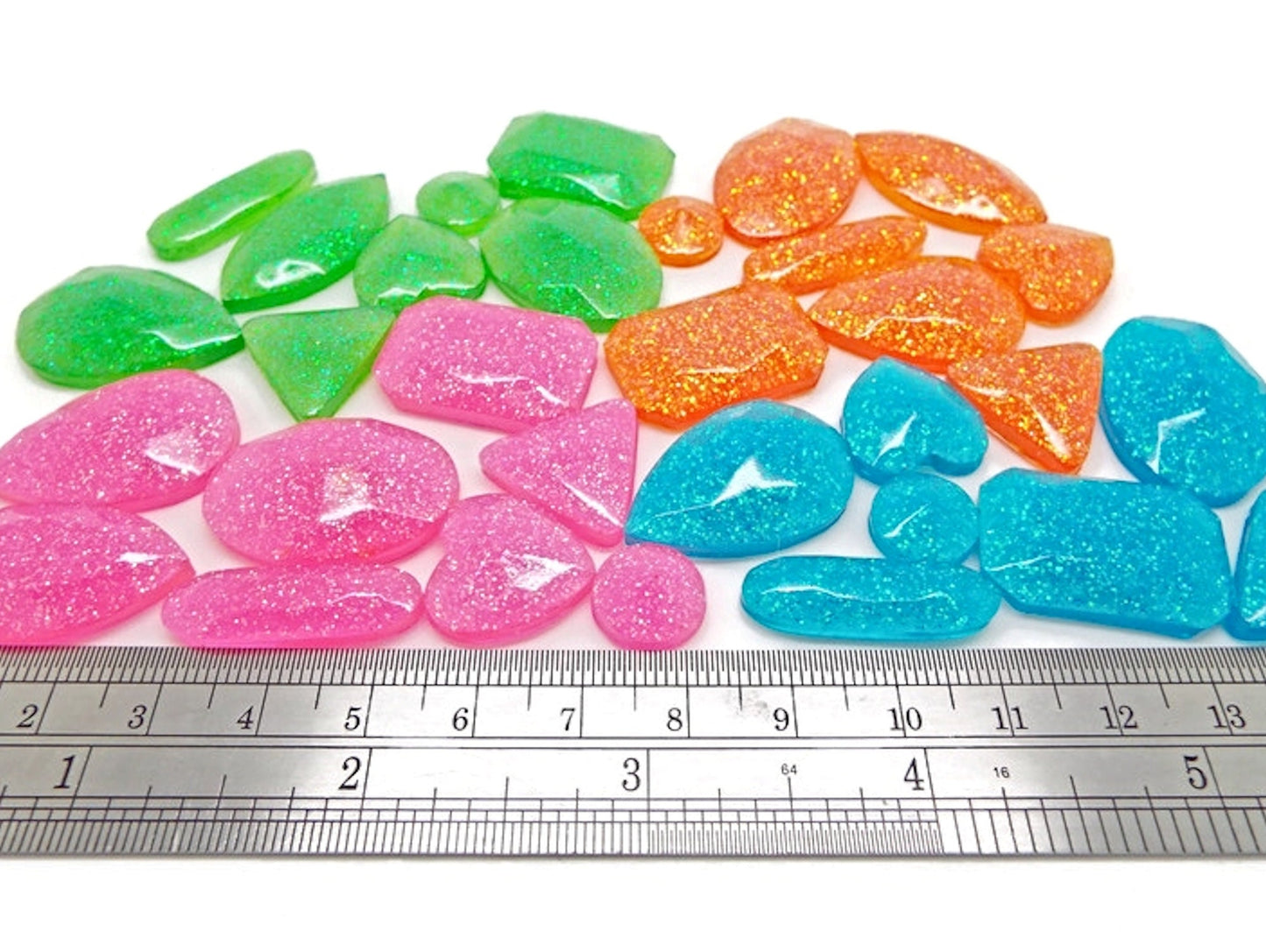 32 Neon Gem Cabochons in 4 Colours, Handmade Embellishments with Resin and Glitter, Pink, Green, Blue and Orange