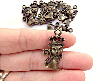 20 BRONZE CAT With Crown Jewellery Charms, Bronze Tone Alloy for Jewellery Crafts