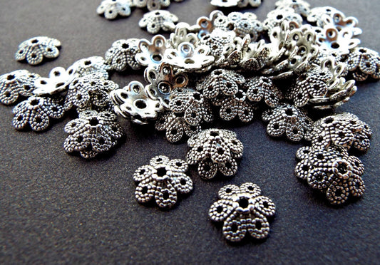 PACK OF 100 Silver Flower Bead Caps, 10mm Antique Silver Style Round with a 1mm Hole.