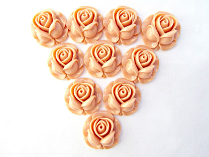 10 Peach Flower Cabochons, 27mm Resin Rose Cabs for Jewellery Making and Mixed Media Crafts