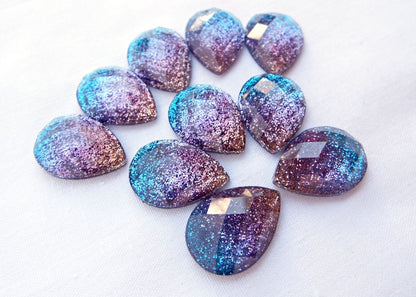 10 Glitter Teardrop Faceted Cabochons in Blue Purple Pink, Flatback Resin Cab Embellishments