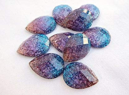 10 Glitter Teardrop Faceted Cabochons in Blue Purple Pink, Flatback Resin Cab Embellishments