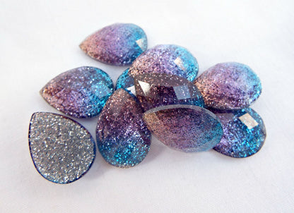 10 Glitter Teardrop Faceted Cabochons in Blue Purple Pink, Flatback Resin Cab Embellishments