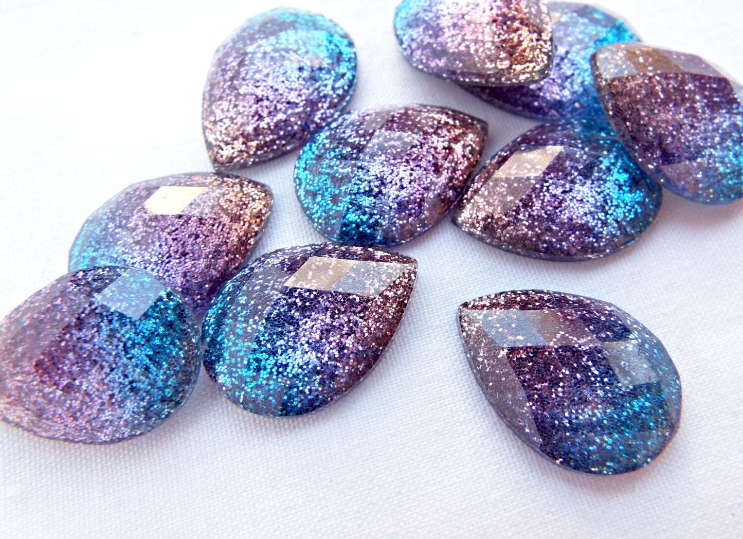 10 Glitter Teardrop Faceted Cabochons in Blue Purple Pink, Flatback Resin Cab Embellishments