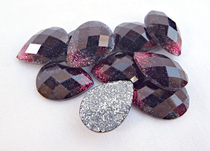 10 Purple Glitter Teardrop Faceted Cabochons for Jewellery Making and Accessories